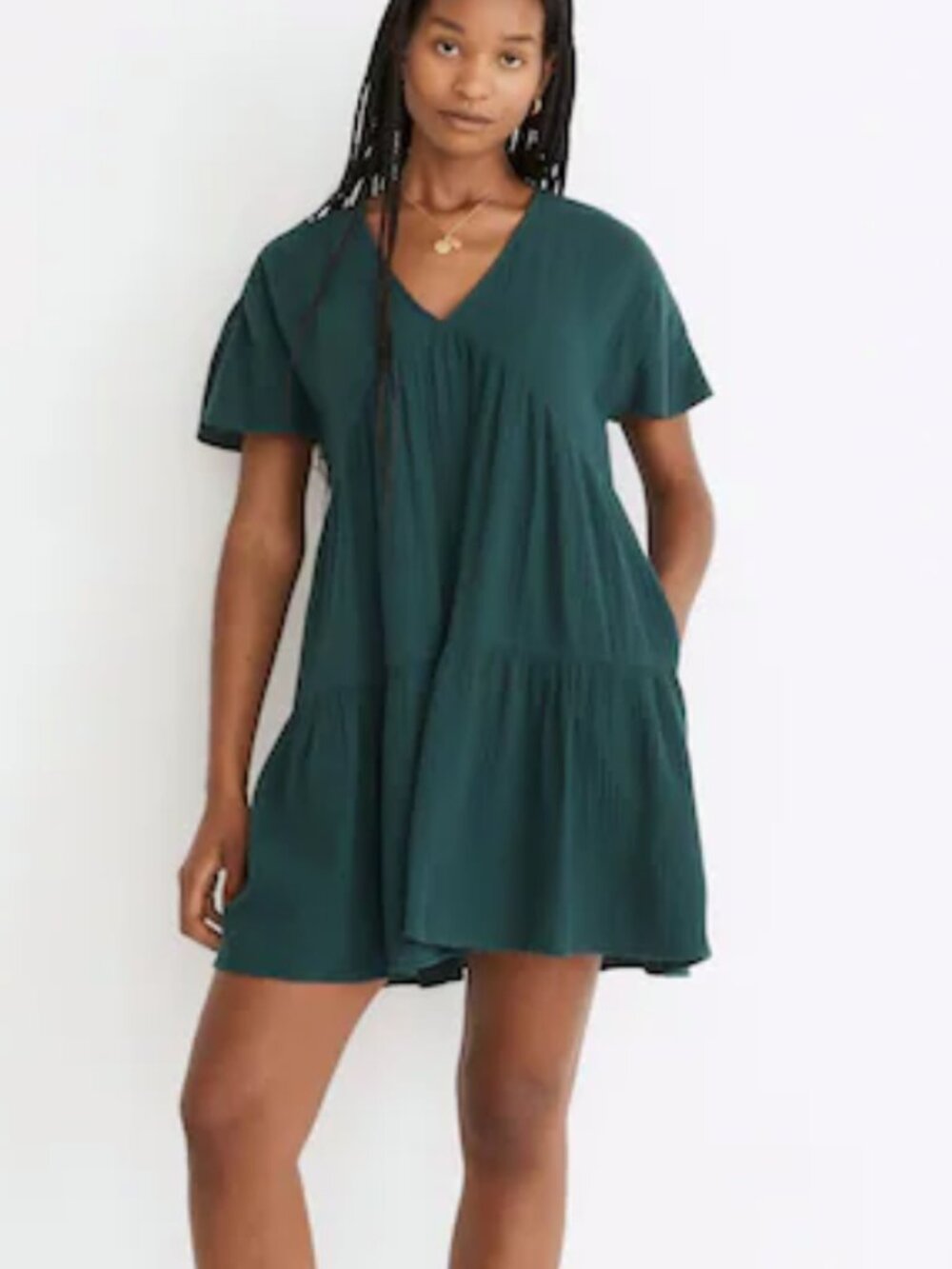 Madewell Lightspun Popover Tiered Mini Dress in Smoky Spruce Green Size XL